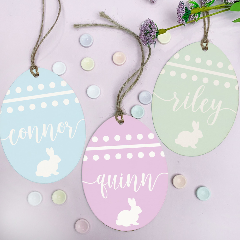 Personalized Wood Easter Tags - Personalized Easter Ornaments for Kids -  Wooden Easter Basket Tags for Family - Custom Easter Basket Labels - Wood Egg Shaped Tags with Names