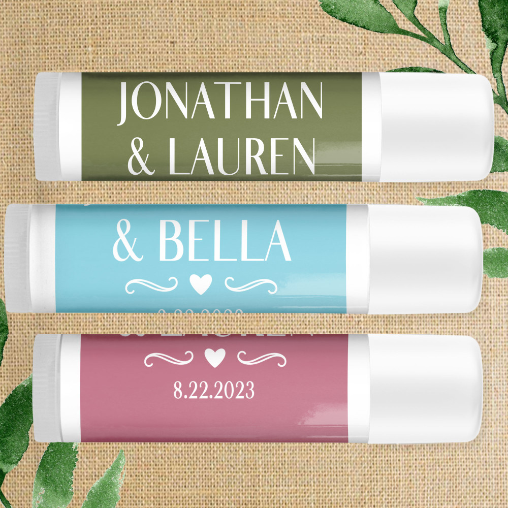 Custom Bulk Wedding Favor Lip Balm Labels - Personalized Lip Balm Stickers with Couple's First Names and Wedding Date - Modern Wedding Favors with Heart - Lip Balm Favor Labels  with Names and Date