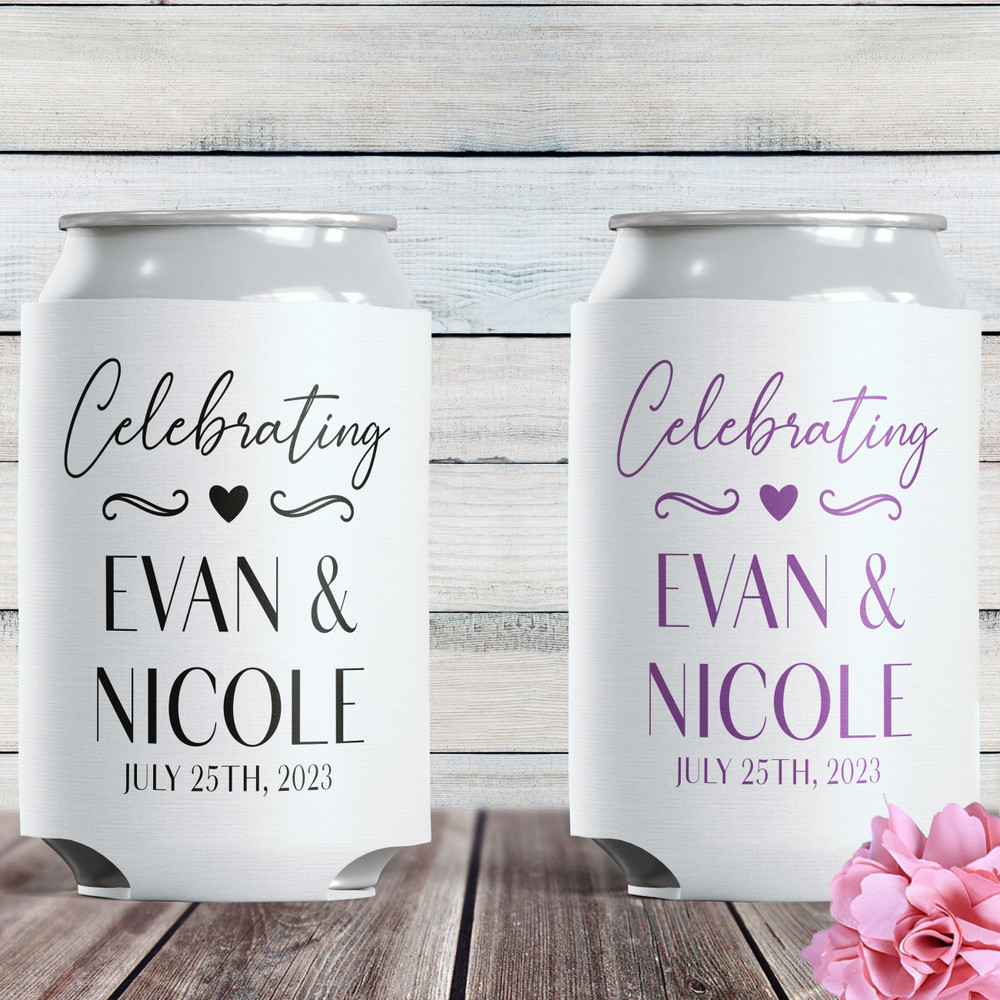 Custom Wedding Can Coolers with Couples Names and Wedding Date - Minimalist Wedding Favors - Personalized Can Cozies - Custom Wedding Can Sleeves - Bulk Wedding Drink Hugs - Personalized Insulated Can Coolies