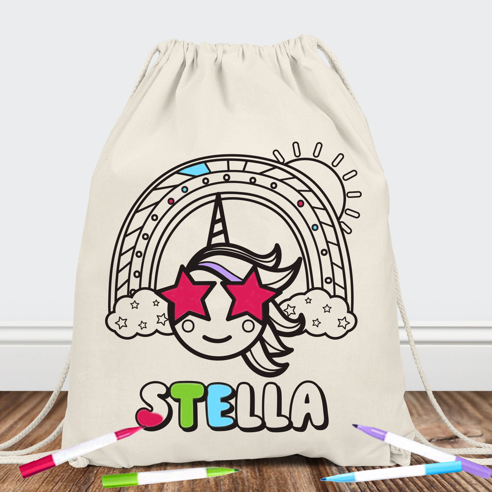 Unicorn Rainbow Emoji Party Favors - Girls Custom Canvas Slumber Party Bags - Girls Sleepover Gifts - Custom Canvas Drawstring Backpack to Color In - Slumber Party Activity for Tween Girls - Coloring Backpack with Name -