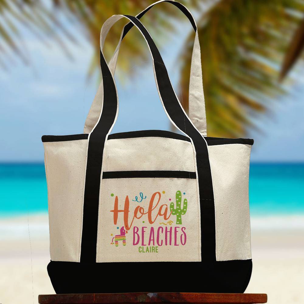 Hola Beaches Custom Beach Tote Bag - Large Canvas Carryall Tote Bag - Personalized Mexico Beach Bags - Colorful Beach Bags for Mexico Vacation
