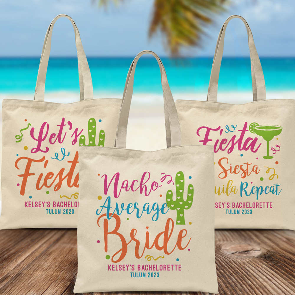 Custom Mexico Tote Bags - Personalized Let's Fiesta Bachelorette Party Tote Bags - Fiesta Siesta Tequila Repeat Tote Bags - Hola Beaches Tote Bags - Margarita Tote Bag - Cactus Tote Bags - Nacho Average Bride