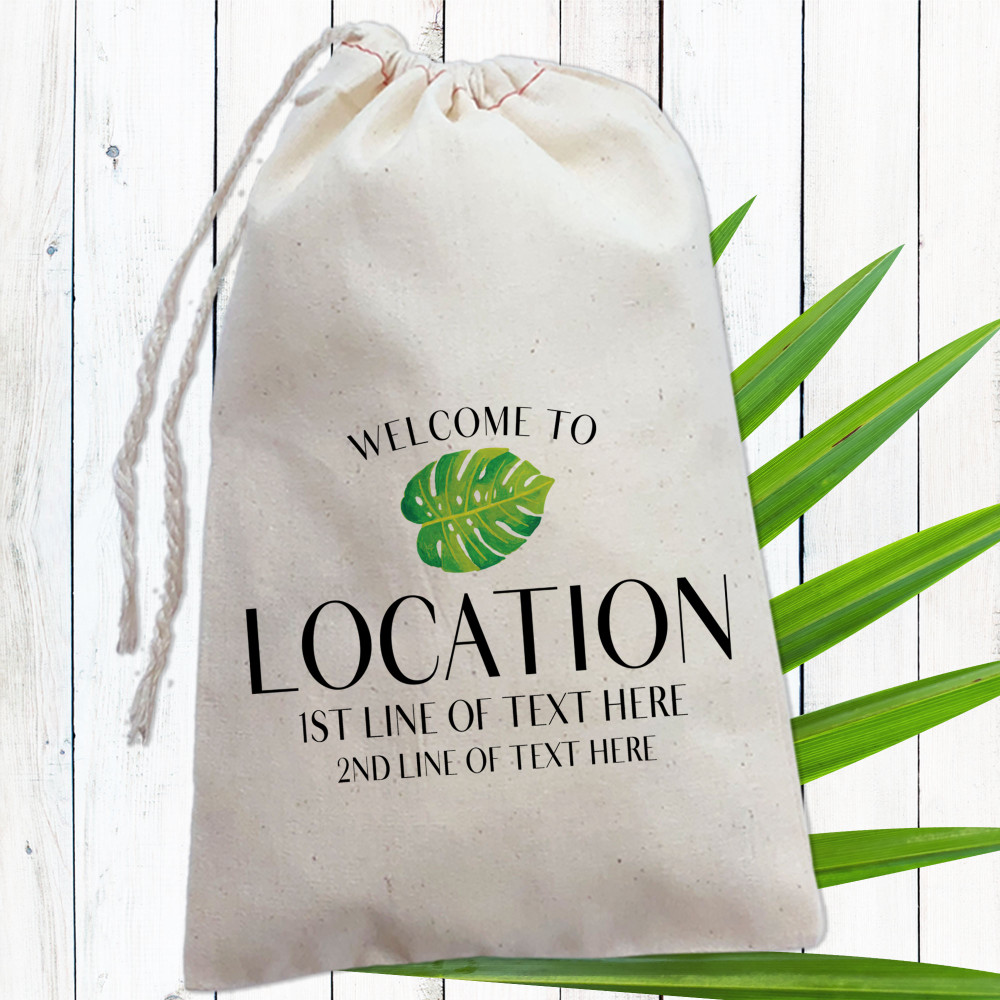 Custom Welcome Bags with Monstera Leaf Print - Gift Bags for Tropical Wedding, Island Vacation, Jungle Theme Favor Bags - Personalized Rainforest Bags with Palm Leaf