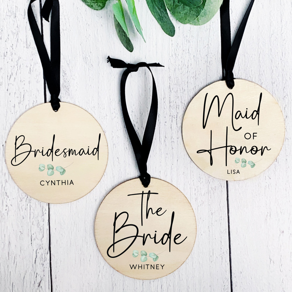 Personalized Wedding Dress Hanger Tag for Bride - Custom Wood Dress Hanger Tags with Names for Bridal Party - Eucalyptus Leaf Print Wooden Gift Tags with Names
