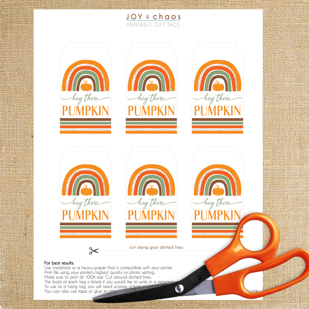 Printable Hey Pumpkin Tags - Fall Party Favor Tags - Instant Download Digital PDF File Hang Tags to Print at Home - Halloween, Thanksgiving and Friendsgiving Tags for Napkins, Party Favors, Gifts