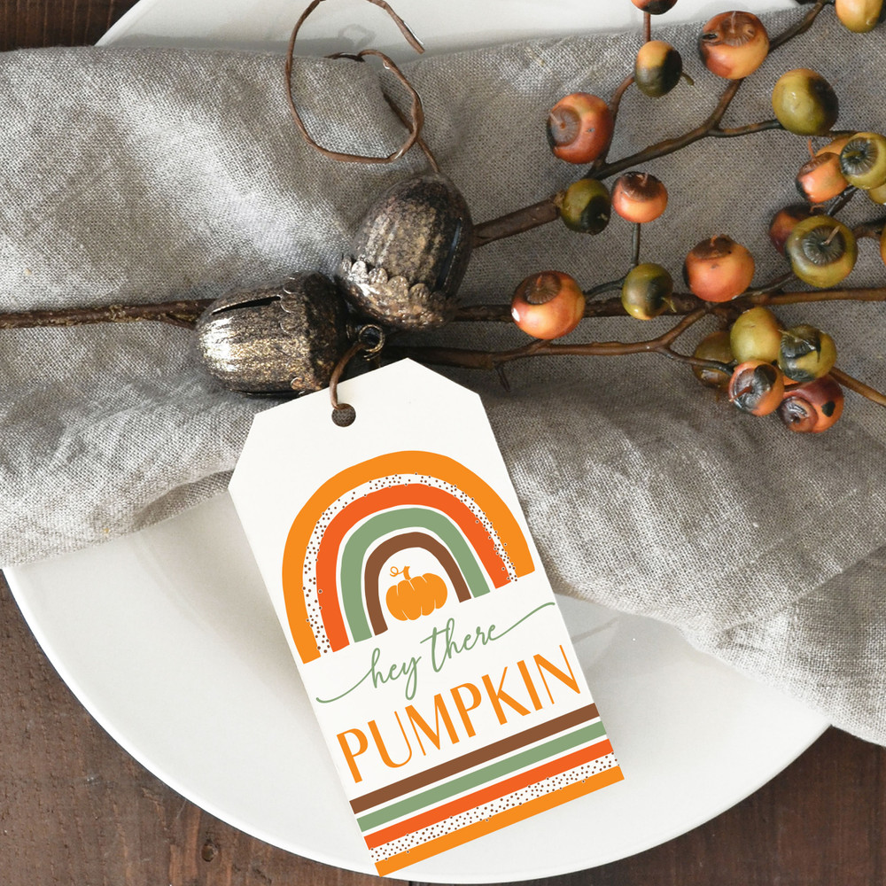 Printable Hey Pumpkin Tags - Fall Party Favor Tags - Instant Download Digital PDF File Hang Tags to Print at Home - Halloween, Thanksgiving and Friendsgiving Tags for Napkins, Party Favors, Gifts