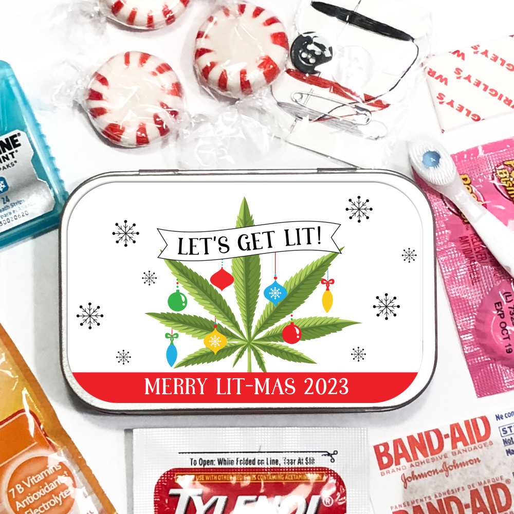 Custom Cannabis Tins - Let's Get Lit Christmas Favor Tins - Personalized Christmas Party Favor Tins for Adults - Funny Weed Christmas Gifts