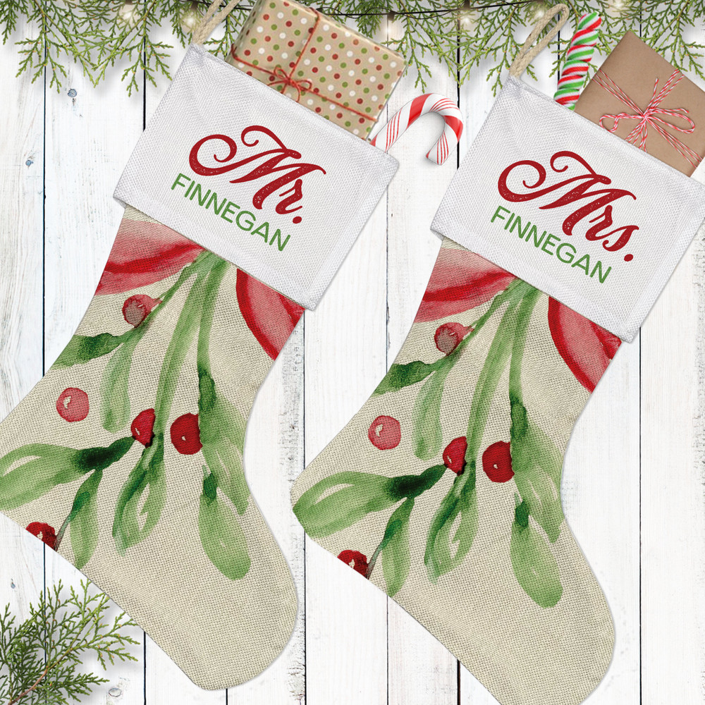 Watercolor Mistletoe Mr. + Mrs Stockings