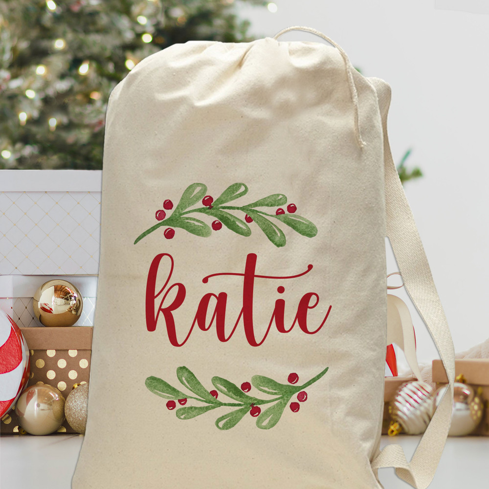 Watercolor Holly Santa Sack