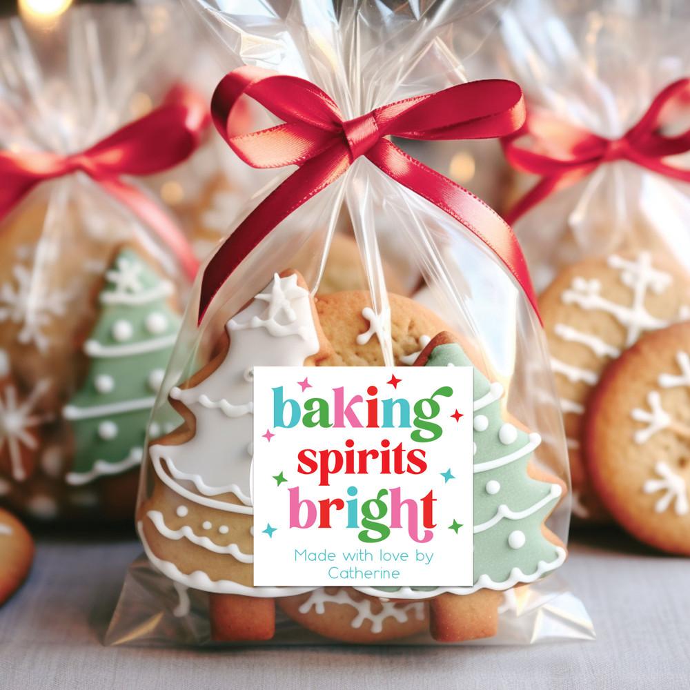 Baking Spirits Bright Custom Christmas Cookie Labels - Personalized Christmas Favor Labels for Holiday Baked Goods