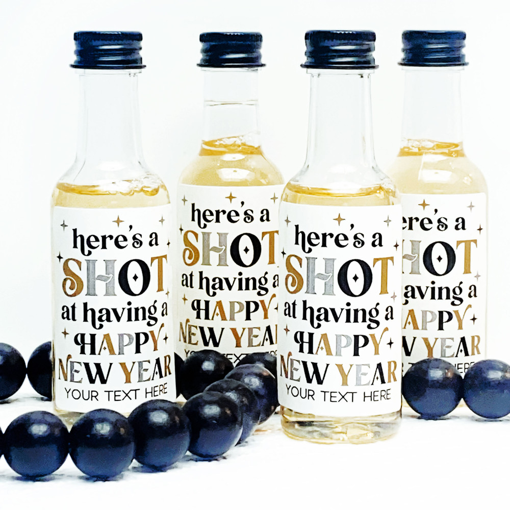 Retro Happy New Year Mini Liquor Bottles + Labels