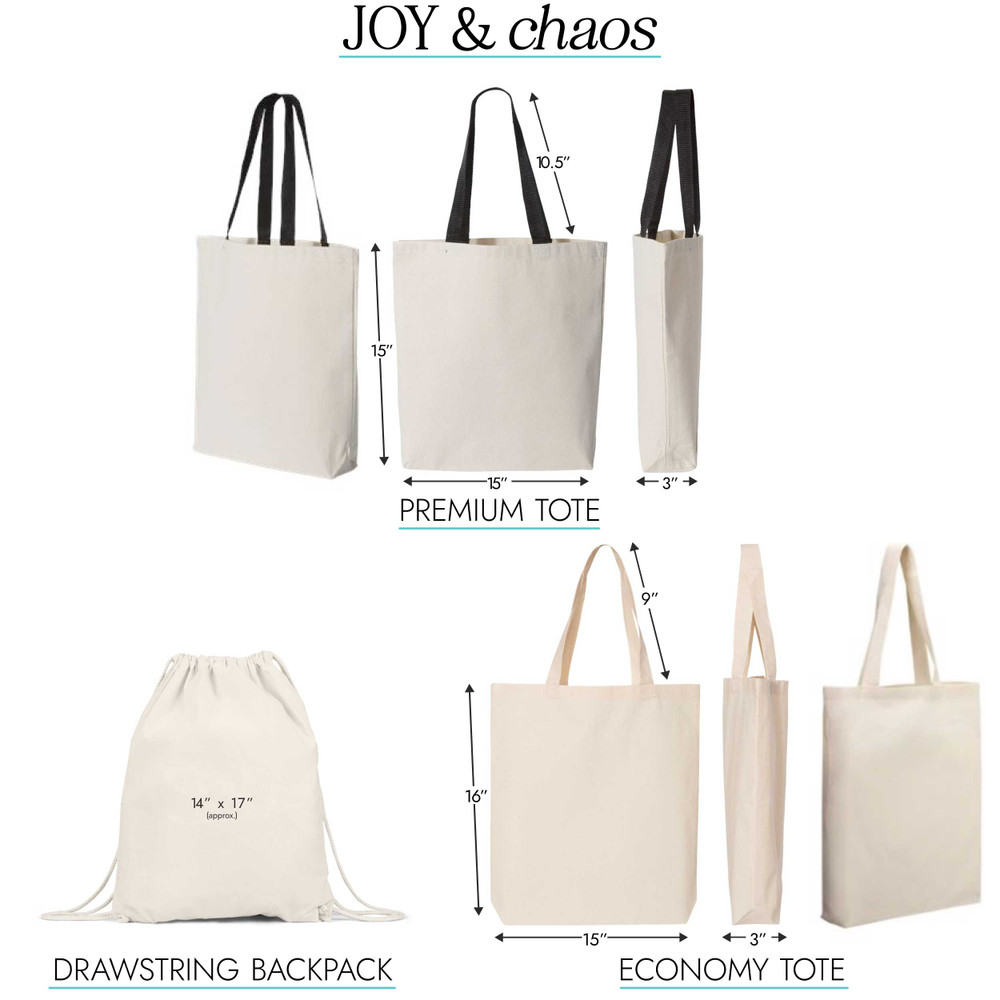 Custom Printed Wedding Welcome Tote Bags | Personalized Wedding Bags | Custom Canvas Drawstring Backpacks | Joy & Chaos