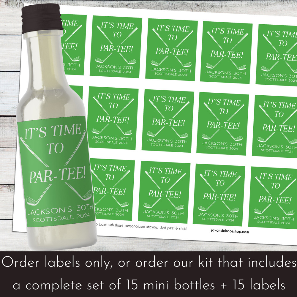 Time To Par Tee Golf Mini Liquor Bottles + Labels