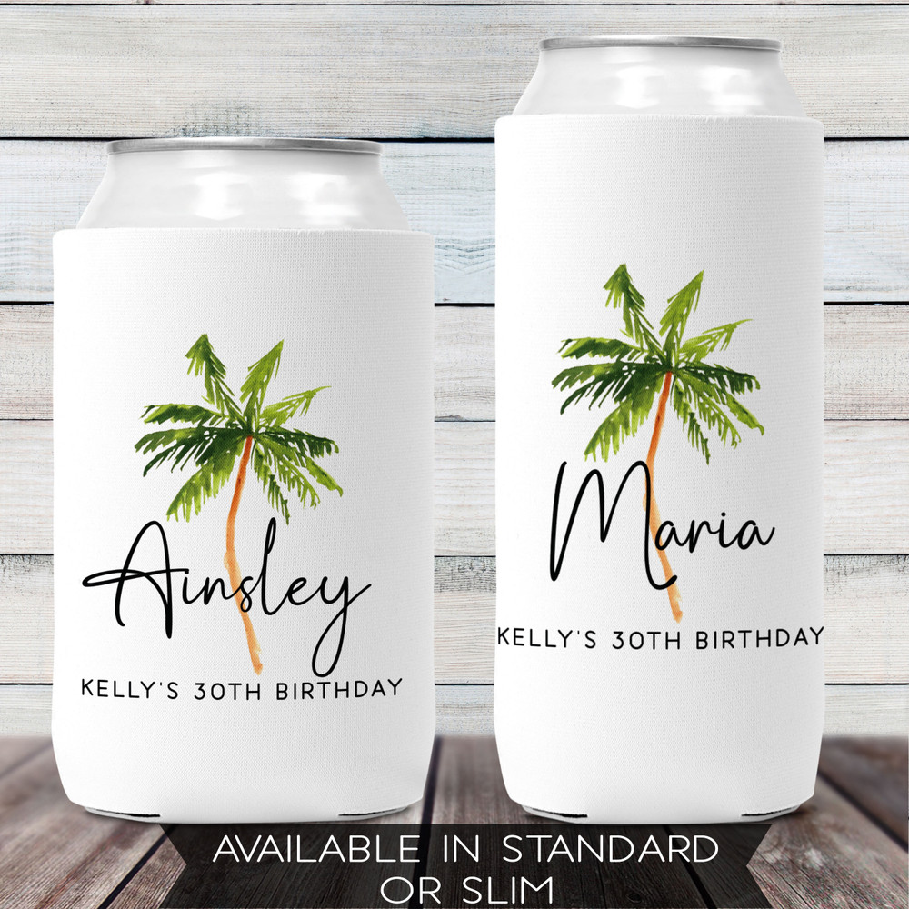 Palm Tree Beach Personalized Can Coolers - Palm Tree Can Cozies - insulated Slim Can Coolers - Custom Name Can Hugs