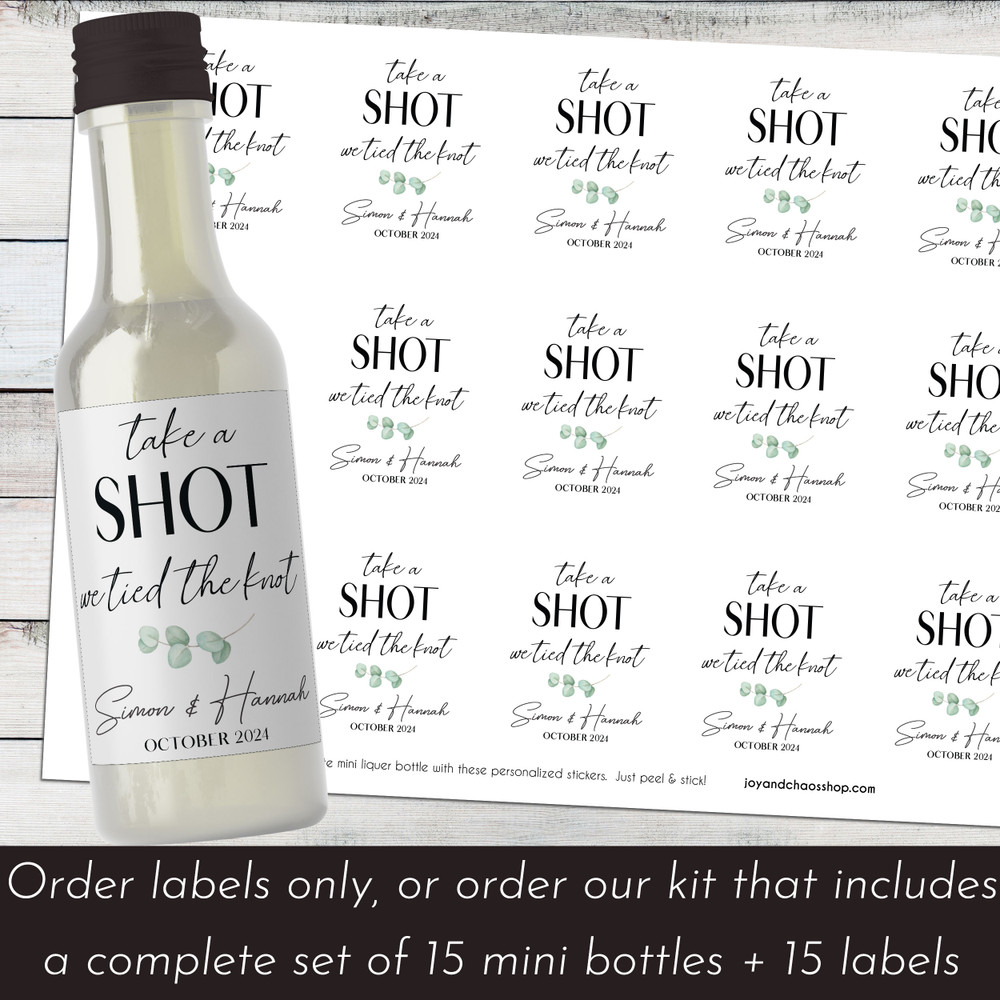 Tied The Knot Eucalyptus Mini Liquor Bottles + Labels