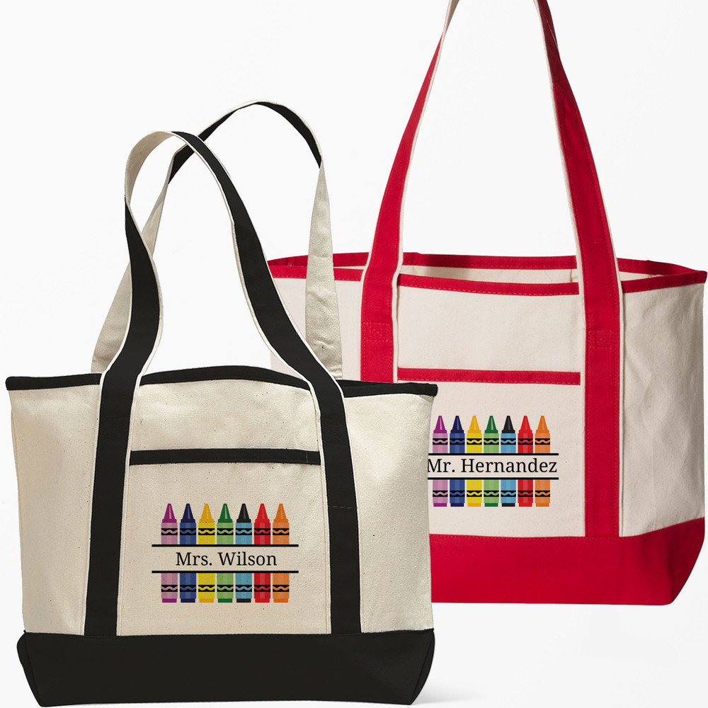 Art Crayons Custom Teacher Beach Tote Bag - End of Year Teacher Gift - Personalized Teacher Boat Tote Bag