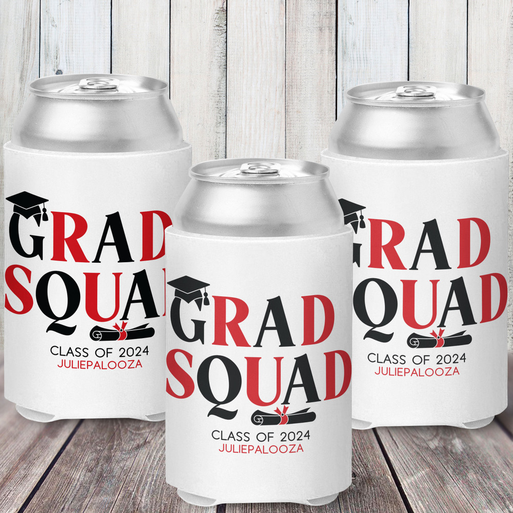 Class of 2024 Graduation Can Coolers - Bulk Graduation Party Favors + Party Supplies - Grad Squad Can Cozies
