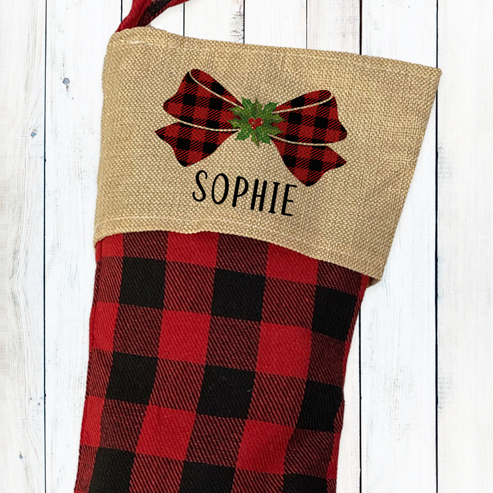 Plaid Bow and Holly Christmas Stocking