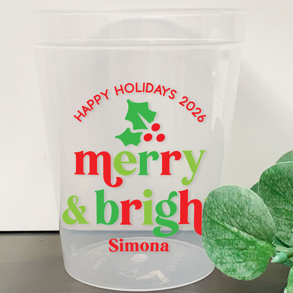 Retro Merry & Bright Christmas 16oz Clear Cups