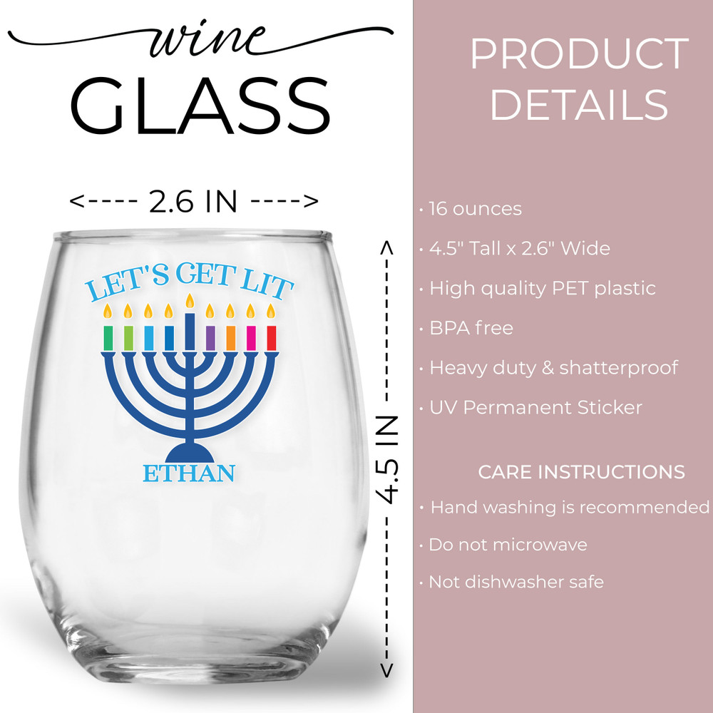 Lets Get Lit Hanukkah Shatterproof Wine Glass