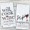 Will Cook For Wine Personalized Tea Towel + Sip Happens Custom Kitchen Towel - Wine Gifts for Cooks