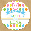 Personalized Easter Stickers - Kids Easter Stickers with Names - Custom Easter Party Favor Labels - Bulk Easter Party Supplies - Easter Decals - Round Circle Stickers with Pastel Easter Eggs + Pink Bunny Ears that say Happy Easter in Rainbow Lettering