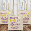 New Orleans Tote Bags for Women - Nolarette Bachelorette Party Bags - Personalized NOLA Birthday Gift Bags - Purple Hearts and Gold Yellow Fleur De Lis Design Bags - Mardi Gras Party Supplies - New Orleans Girls Trip Gift Bags - Beignets, Booze and Besties - Custom Printed Canvas Tote Bags