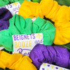 Beignets Booze & Besties Hair Scrunchies - New Orleans Bachelorette Party Favors - NOLA Girls Trip Gifts - Custom Hair Ties - Purple, Yellow, Green Scrunchies