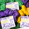 Beignets Booze & Besties Hair Scrunchies - New Orleans Bachelorette Party Favors - NOLA Girls Trip Gifts - Custom Hair Ties - Purple, Yellow, Green Scrunchies