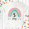 Personalized Boho Rainbow Birthday Girl T-Shirt - Girls 5th Birthday Shirt with Name - Custom Birthday Girl Shirt with Pink Pastel Rainbow