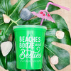 Beaches Booze and Besties Bright Green 16 oz Plastic Tumbler Stadium Cup with Lids and Reusable Bendy Straw