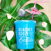 Beaches Booze and Besties Bright Blue 16 oz Plastic Tumbler Stadium Cup with Lids and Reusable Bendy Straw