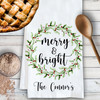 Personalized Christmas Kitchen Towel with Watercolor Wreath Design - Custom Merry & Bright Holiday Tea Towels