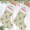 Watercolor Holly Custom Christmas Stockings - Personalized Matching Canvas Burlap Stocking Set for Family