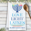 Love + Light  Custom Hanukkah Tea Towel with Menorah Design -  Personalized Hanukkah Home Decor - Monogrammed Cotton Dish Cloths + Kitchen Towels