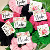 Floral Bridal Shower Favors - Bride and Babe Scrunchies - Bachelorette Party Scrunchies - Pink Peony Flower Hair Scrunchies - Hot Pink, Green, Light Pink, Black and White Scrunchies - Pastel Peony Watercolor Floral Scrunchie Tags