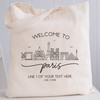 Shop for Personalized Welcome to Paris Totes for  Paris Wedding, Paris Event, Paris Vacation, Paris Girls Trip - Custom Paris Skyline Tote Bags