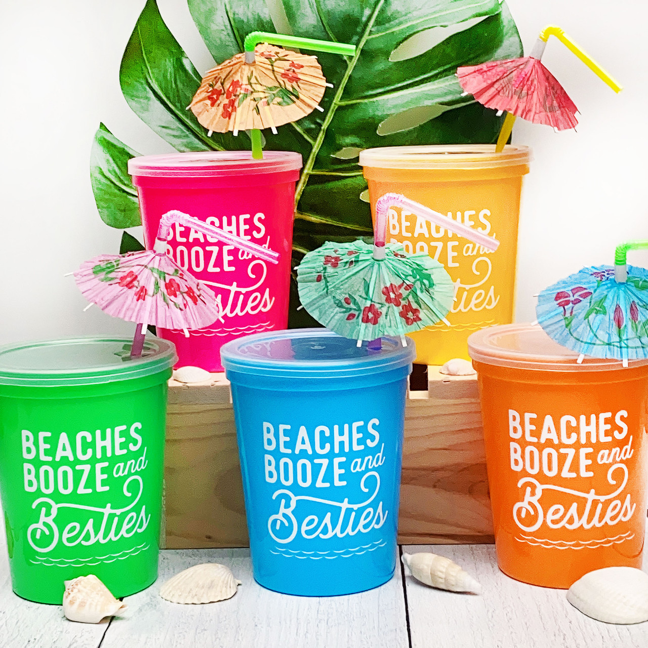 Beaches Booze & Besties Party Stadium Tumblers with Lids + Straws