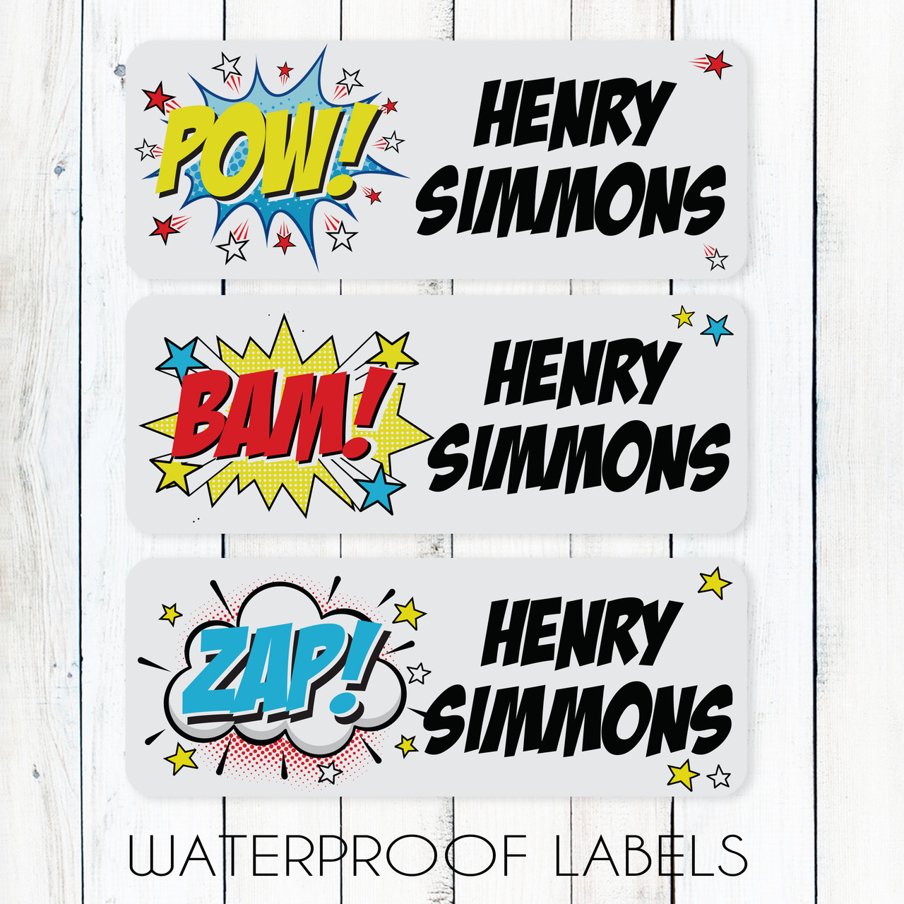 Kapow Comic Waterproof Name Labels