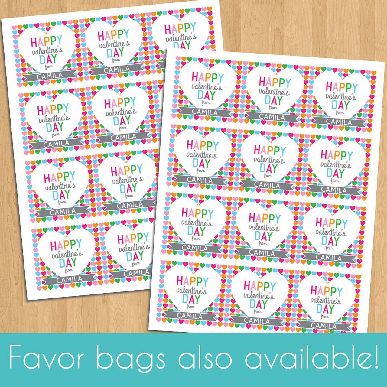 Multi Heart Personalized Valentine's Day Stickers + Bags