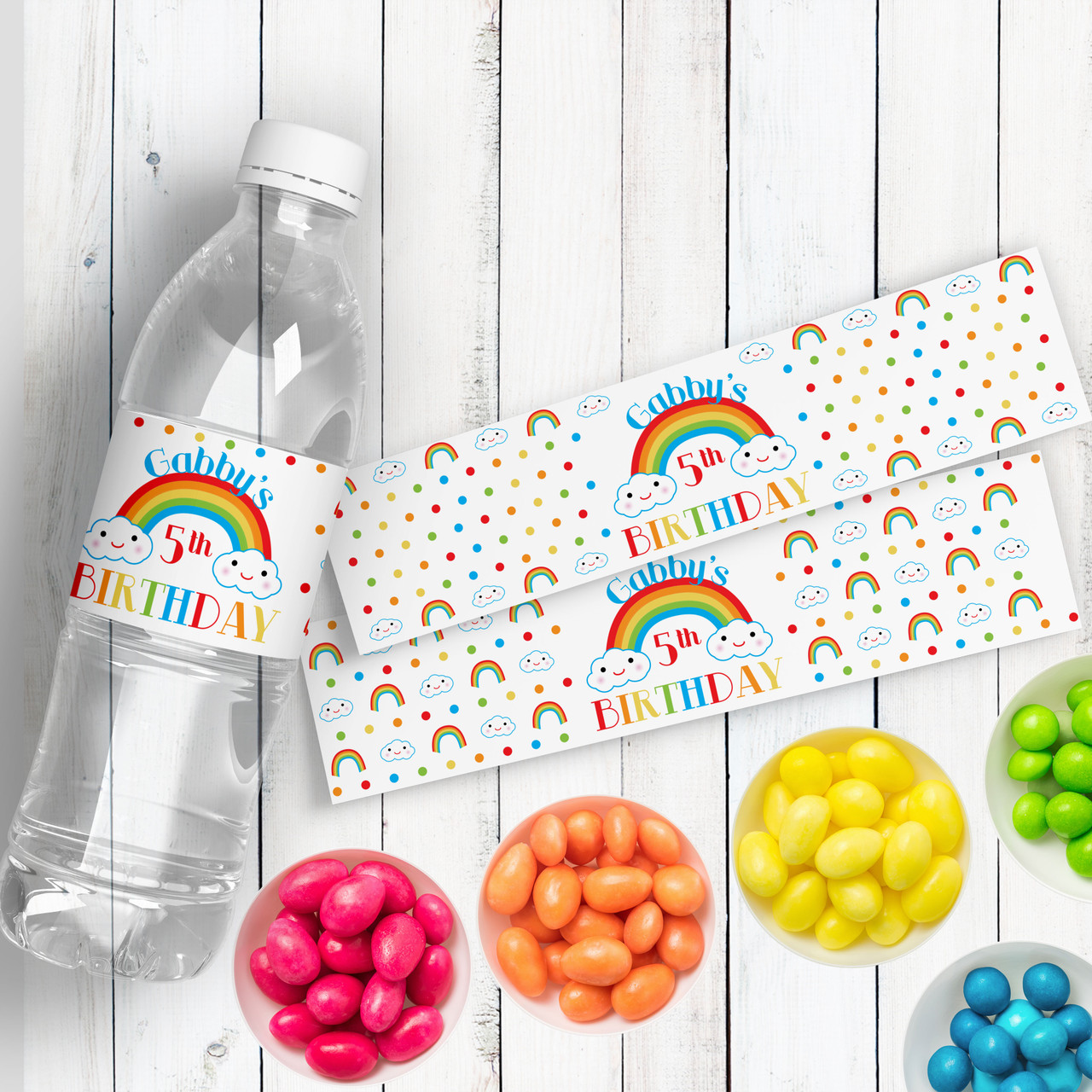 Happy Rainbow Personalized Birthday Party Water Bottle Labels