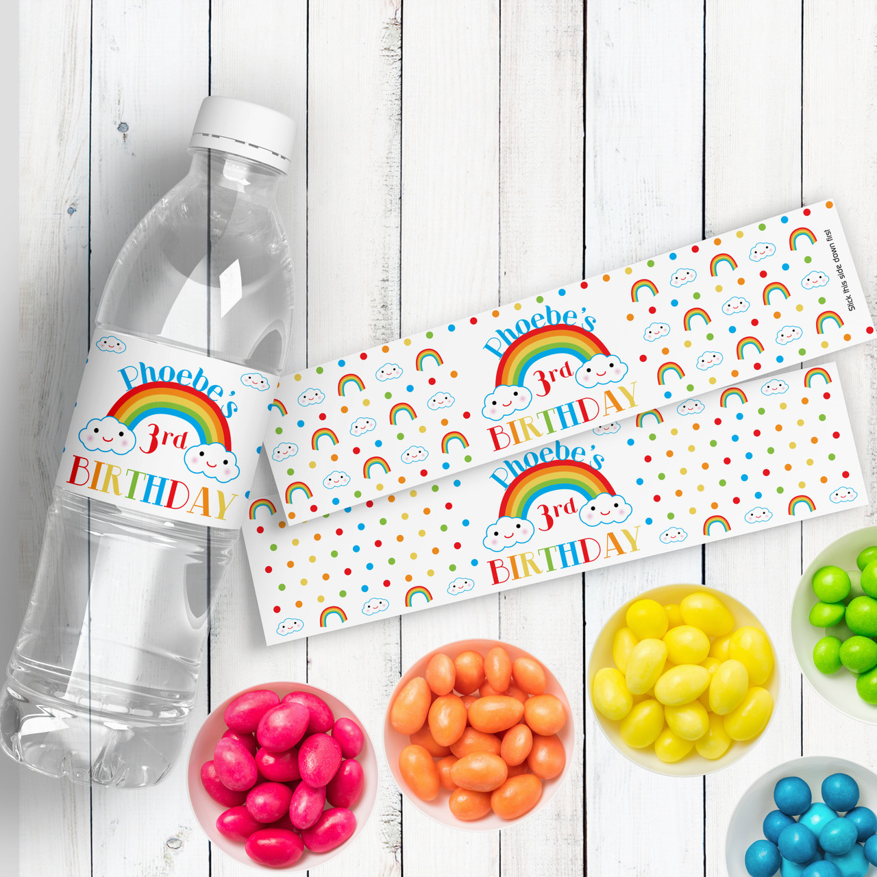 Happy Rainbow Personalized Birthday Party Water Bottle Labels