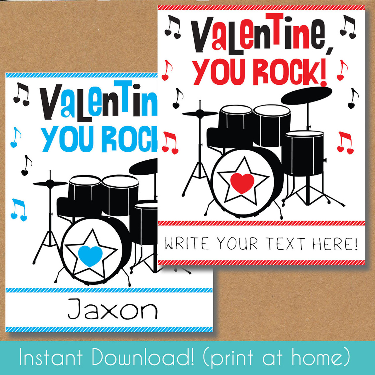 Drum Superstar Printable Valentine's Day Cards (Instant Download)