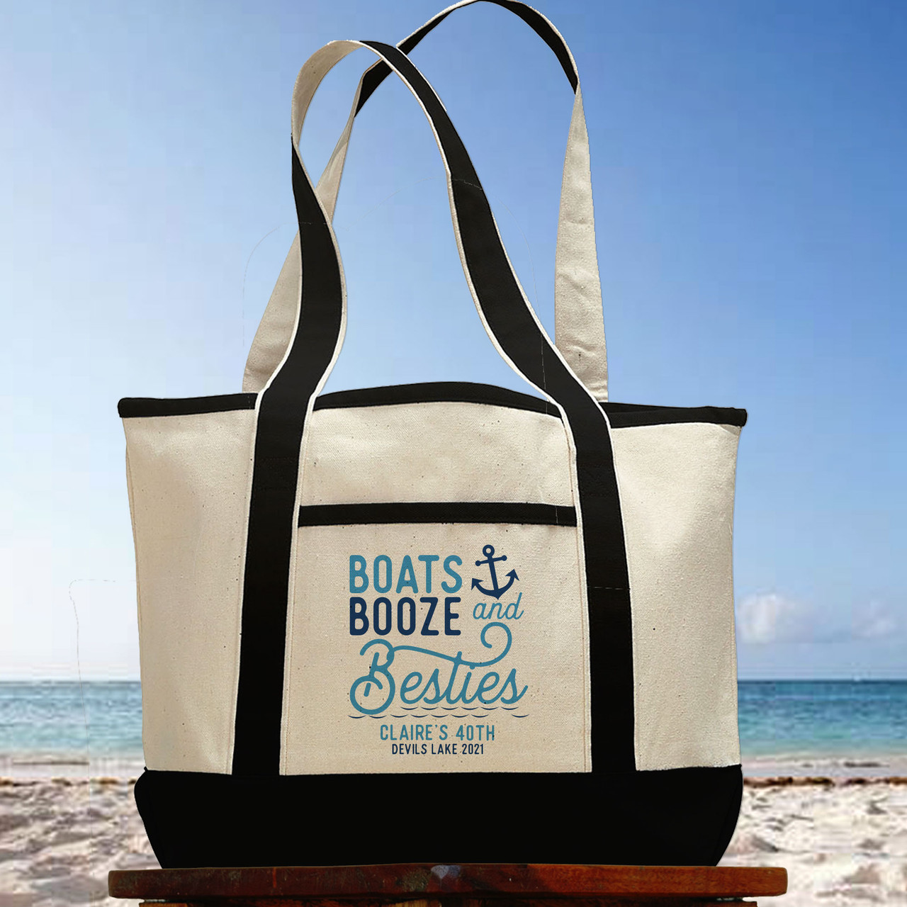 Boats Booze & Besties Custom Beach Tote Bags