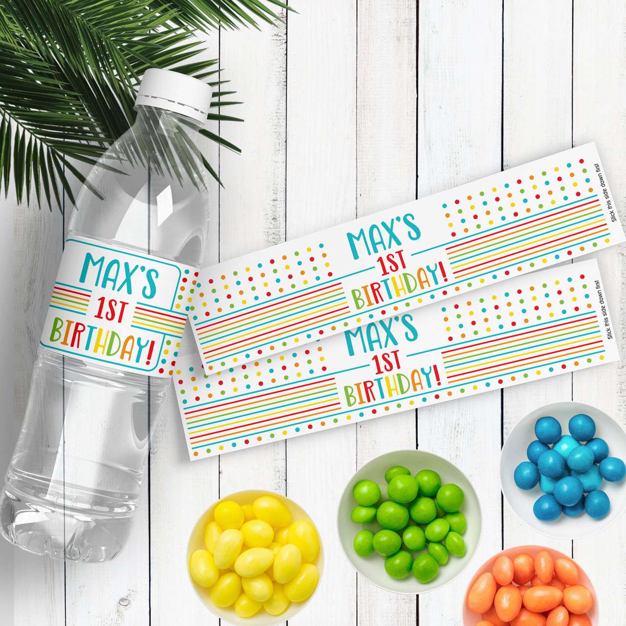Multi Rainbow Dots Personalized Kids Birthday Water Bottle Labels