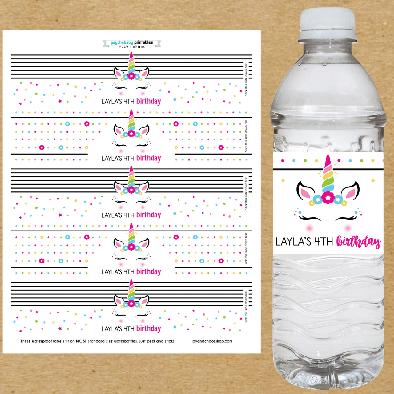 Magical Mod Unicorn Personalized Birthday Water Bottle Labels