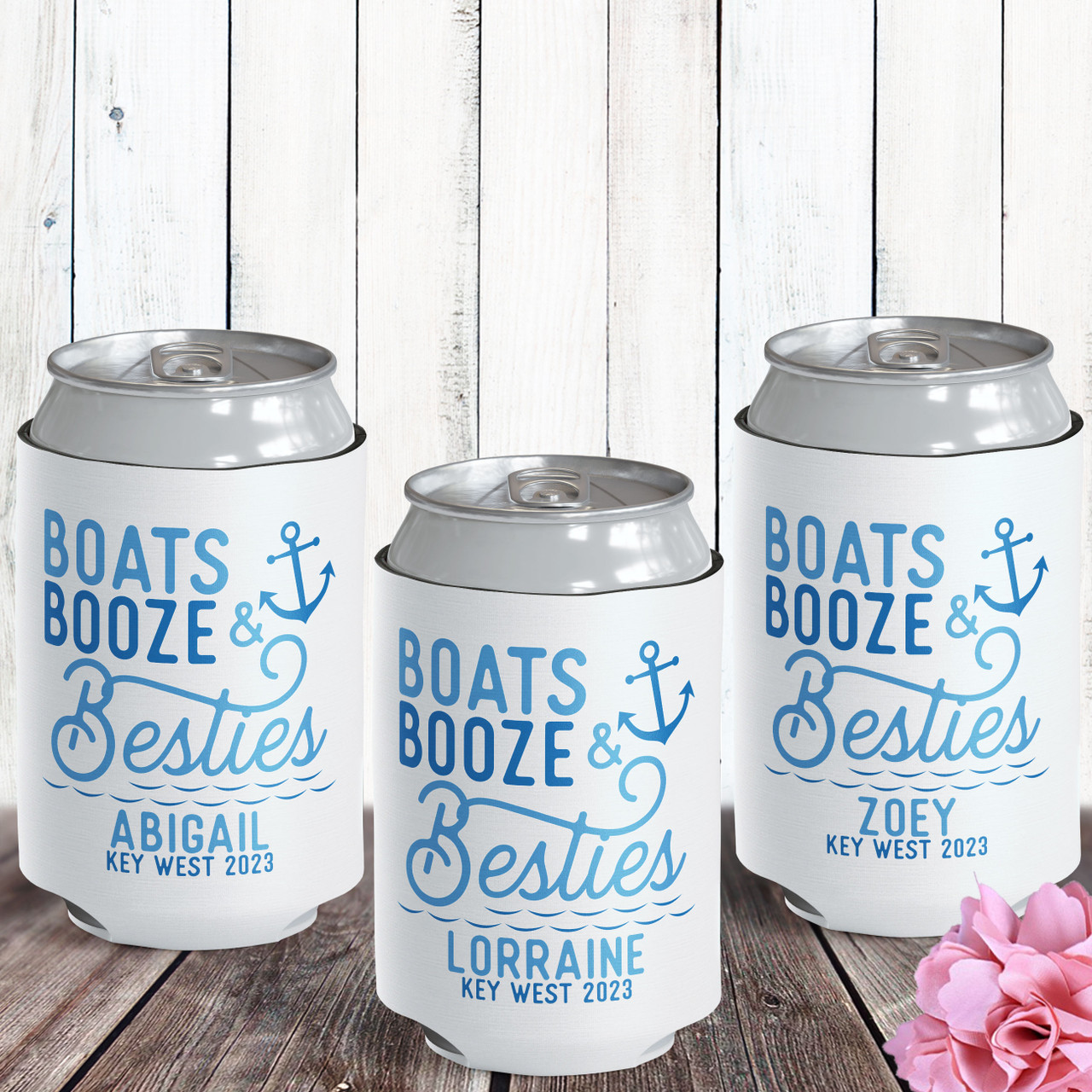 Boats Booze & Besties Can Coolers