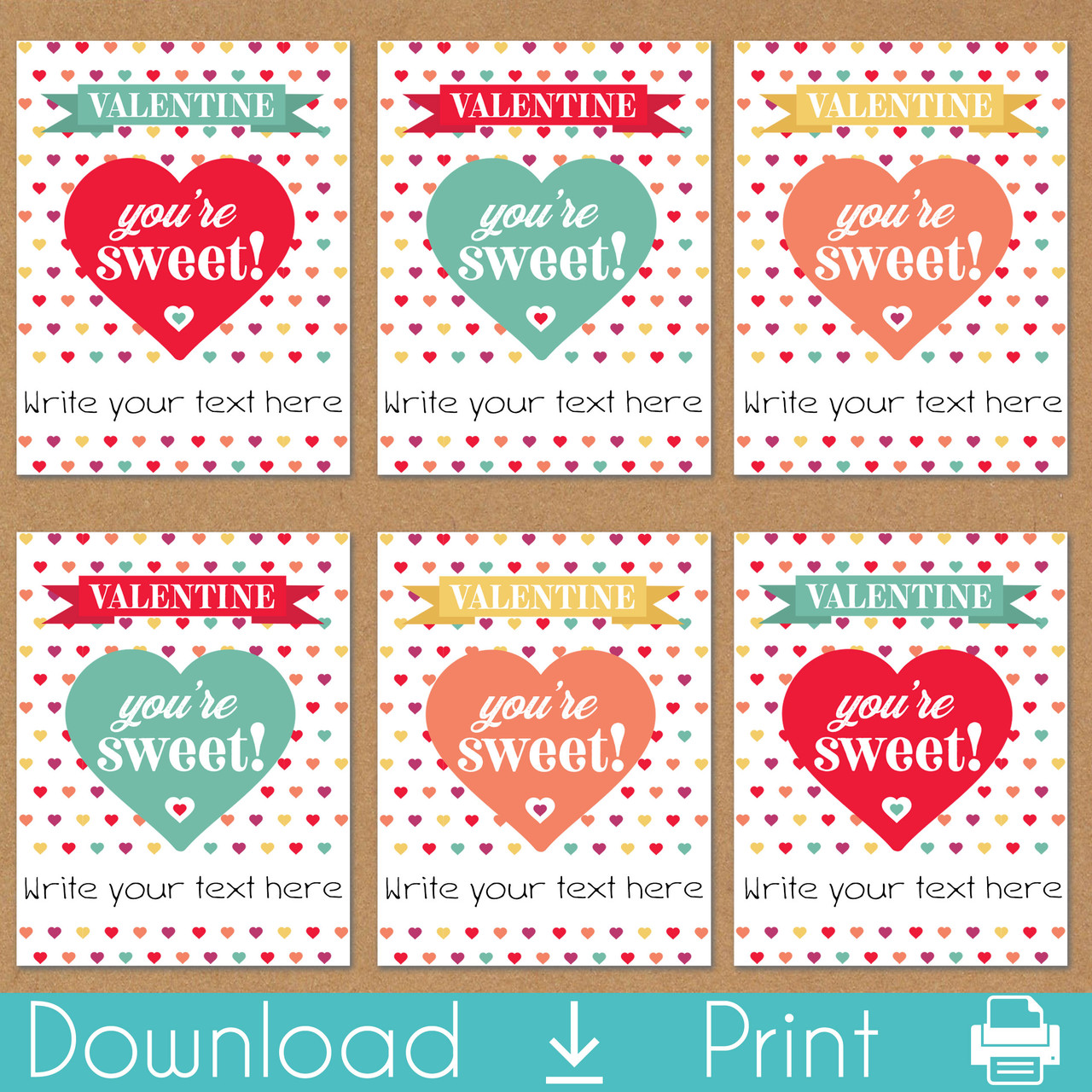 Retro Hearts Printable Valentine's Day Cards (Instant Download)