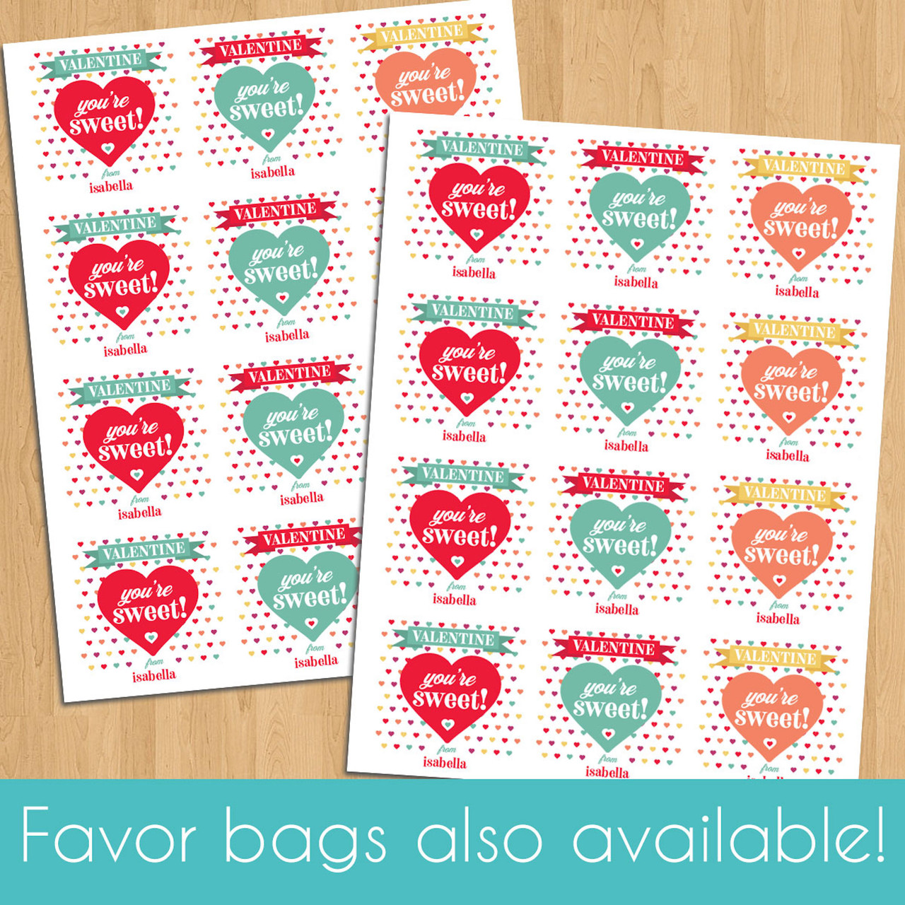 Retro Hearts Personalized Valentine's Day Stickers + Candy Bags
