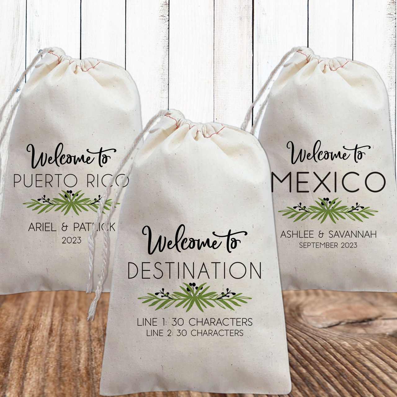 City Wedding Welcome Custom Tote Bags + Drawstring Canvas Backpacks